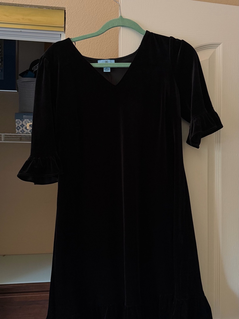 CeCe Black Velvet V-Neck Midi Dress with Ruffle Sleeves